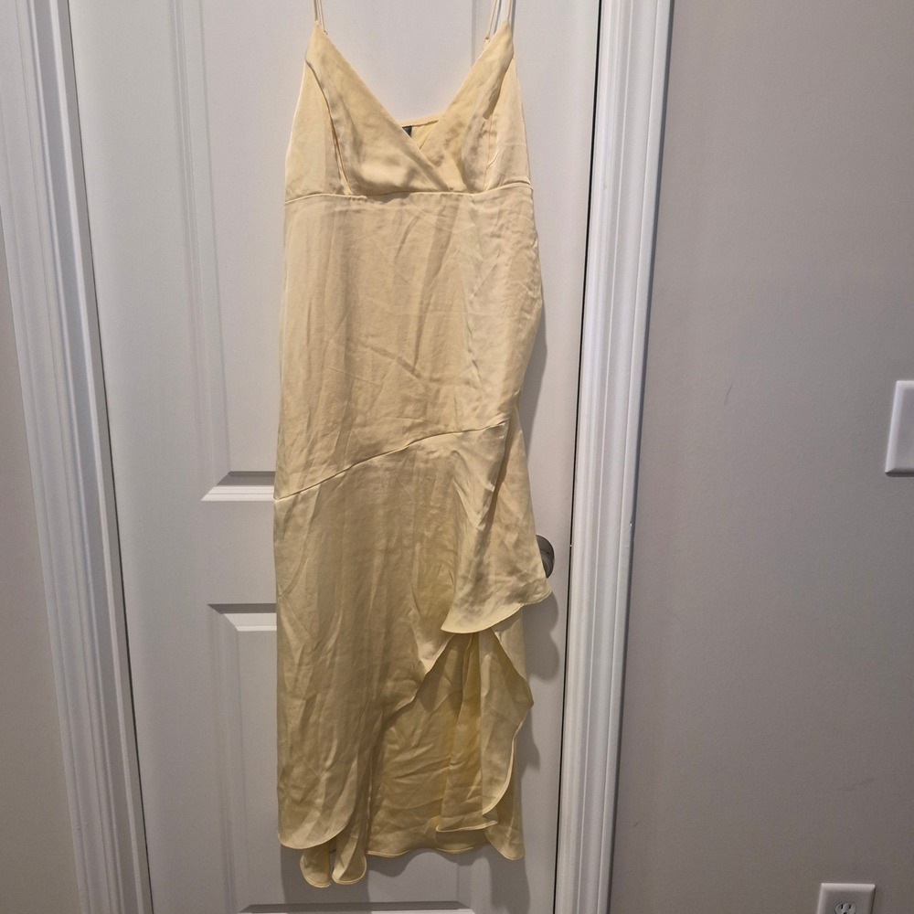 Women Pale Yellow Satin Ruffle High Low Midi Dress Adjustable Straps Cocktail Xl